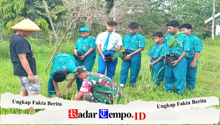 Babinsa Ngeni Bersama Siswa SMPN 2 Wonotirto Tanam Bibit Trembesi Mendukung Program Bersatu Dengan Alam
