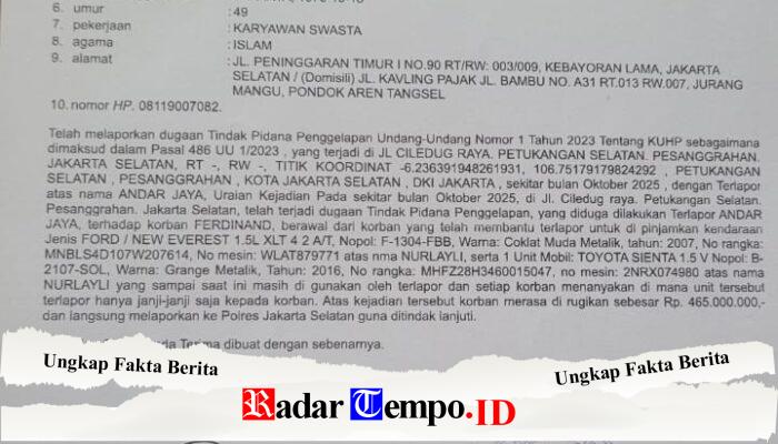 Diduga Gelapkan Dua Mobil Satu Motor dan Uang, Andar Jaya Dilaporkan ke Polres Metro Jakarta Selatan