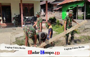 Satgas TMMD Reguler Ke-129 Dibantu Anak-Anak Desa Tempapan Hulu Bongkar Mal Rabat Beton